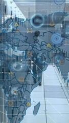 Poster - Animation of data processing over world map against caucasian male engineer walking in server room
