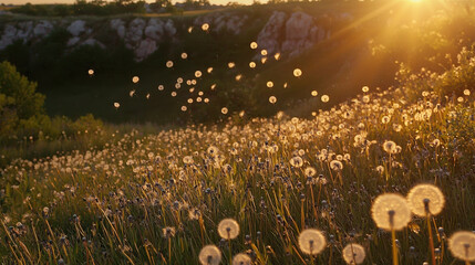 Wall Mural - a dandelion releasing its seeds into the gentle breeze, each one catching the golden light as it drifts away.