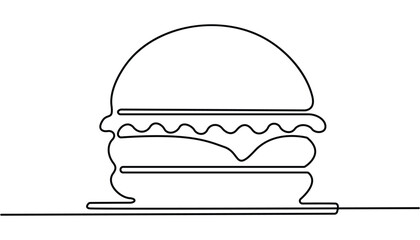 Poster - Burger one line drawing minimalist outline vector illustration. Single line drawing of hamburger, Junk food, fast food concept single line. Burger continuous one line drawing.