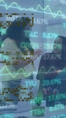 Poster - Animation of stock market data processing over diverse colleagues high fiving each other at office