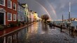 © MACHATOMI - Charming rainbow over a quaint seaside village with colorful houses, wet cobblestone streets, boats in harbor after a shower.