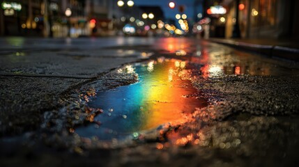 Poster - Close-up view of a vibrant rainbow reflected in a deep urban street puddle, surrounded by wet pavement and blurred city lights.