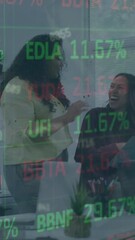 Poster - Animation of stock market data processing over diverse colleagues high fiving each other at office