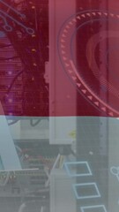 Poster - Animation of graph, loading circles and circuit board pattern over indonesian flag over data systems