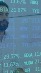 Poster - Animation of trading board over diverse manager explaining strategy to coworkers on whiteboard