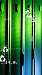 Poster - Animation of green technology icons, coding over data server racks
