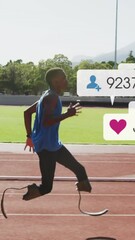 Poster - Animation of multiple notification bars, african american athlete running on race track