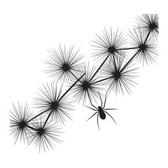 Stylized black spider silhouette on a geometric web structure with spiky starburst elements