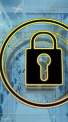Poster - Animation of padlock in circle and navigation pattern over binary codes on data server racks