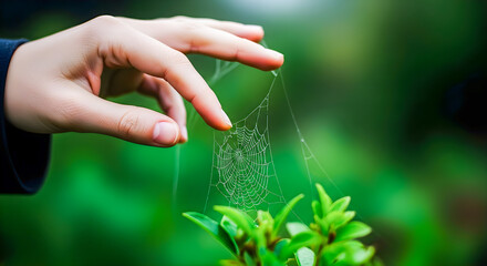 Young hand touching a delicate spider web in nature, with green foliage in the background bringing focus on nature and outdoors
