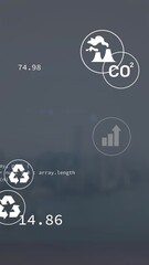 Poster - Animation of computer language and multiple icons over blurred aerial view of ocean and city