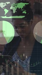 Poster - Animation of statistical data processing over african american woman using tablet smiling at office