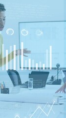 Poster - Animation of statistical data processing over group of diverse women discussing together at office