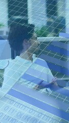 Poster - Animation of statistical data processing against diverse man and woman discussing at office