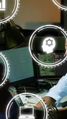 Poster - Animation of digital icons with data processing over african american businesswoman in office