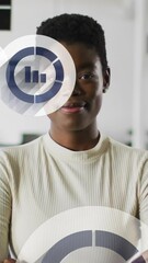 Poster - Animation of multiple bar graph icons floating against african american woman smiling at office