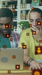 Poster - Animation of media icons over diverse colleagues talking in office