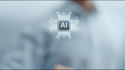 Leinwandbilder - A person is pointing at a computer chip with the letters AI on it