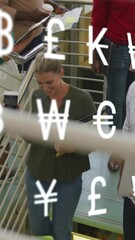 Poster - Animation of currency symbols over diverse colleagues walking down stairs