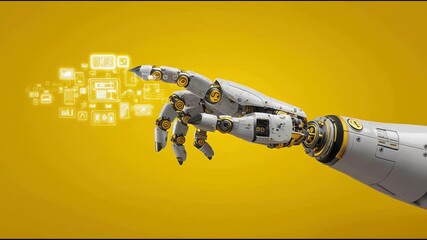Poster - Robot hand distributing resources with yellow background representing ai capital allocation and management tools. AI Capital Allocation Tool – Animated Video Version