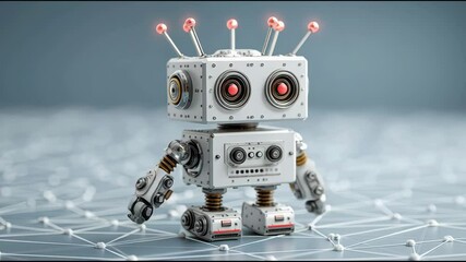 Poster - Advanced robot holding a camera representing ai capabilities as a smart device in a modern network setup. AI Robot Node in Digital Network Grid – Animated Video Version

