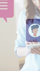 Poster - Chat bubbles animation over woman using tablet in bright room
