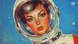 © EmmiCybertron - Vintage-inspired artwork of a female astronaut explores the cosmos.