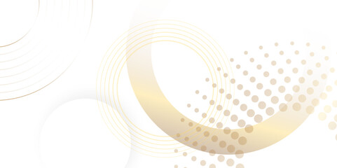 Poster - Abstract white background with golden circle ring. Spiral sound wave rhythm line and dots dynamic abstract background, Vector illustration design for presentation, banner, cover, poster, texture Etc.
