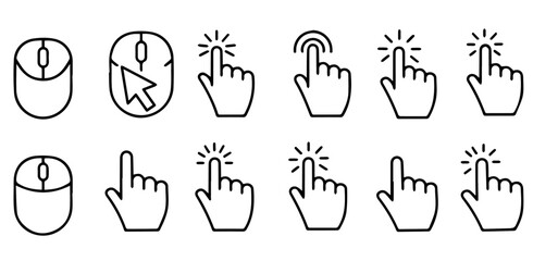 Poster - Collection of computer mouse and hand click icon symbols in a clean, minimal line art style for web design and user interface applications, silhouette