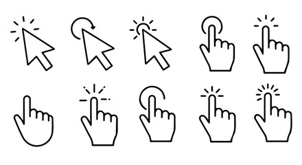 Poster - Collection of linear cursor and hand icons showcasing click, point, and selection actions in vector format, silhouette