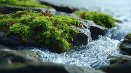 Aufkleber - Lush green moss cove rocks along a flowing mountain stream with clear water and natural outdoor scenery in daylight