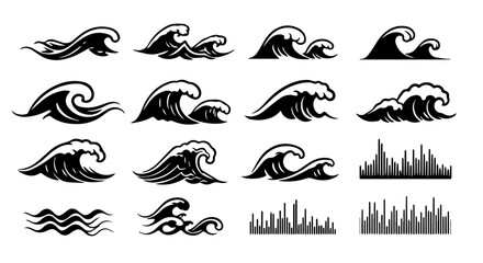 Poster - Black and white illustration shows different designs of ocean waves, great for nautical themes and artistic compositions, silhouette