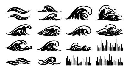Poster - Various black and white vector designs of ocean waves provide dynamic elements for creative projects and artistic expressions, silhouette