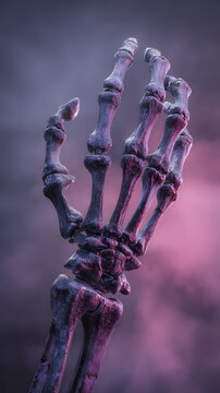 Detailed Skeleton Hand Render with Glittering Effect on Purple Background