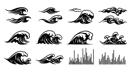 Poster - Decorative ocean waves collection with sea element illustration in black and white for nautical designs and maritime themes, silhouette