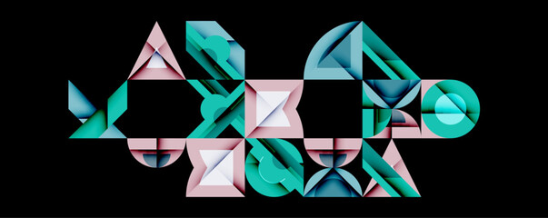 Fototapete - Abstract geometric shapes form turtle silhouette. Teal, pink hues dominate dark background. Minimalist design, modern aesthetic.