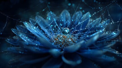 A delicate water droplet suspended in an intricate spider s web illuminated by a mystical blue glow creating a captivating and dreamlike image of nature s beauty and fragility