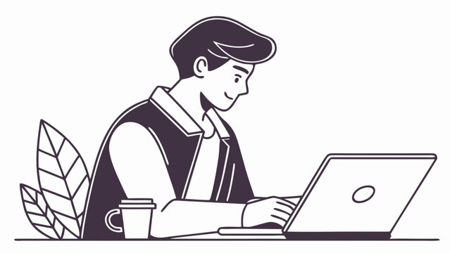 Illustration of man working on laptop computer at desk with coffee and plant for business concept design