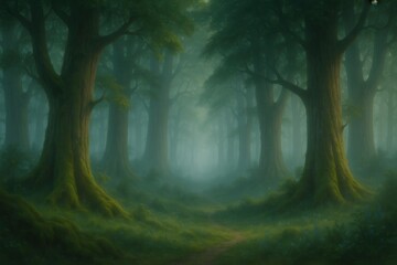 Wall Mural - Mystical forest landscape with tall trees shrouded in ethereal morning mist