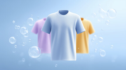 Poster - Colorful t-shirts displayed in a soft gradient background with bubbles, showcasing vibrant hues and textures, ideal for fashion and apparel design mock up with copy space