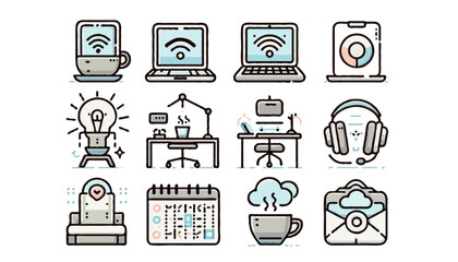 Poster - minimalist vector illustrations representing remote work essentials