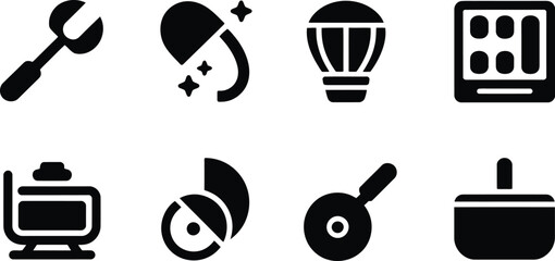 Fototapete - A set of eight different black and white icons displayed on a white background