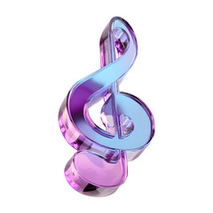 Poster - Striking 3D render of a shimmering translucent music note symbol in a vibrant blend of blue purple and pink hues with a glossy reflective surface and smooth flowing form