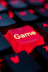 Poster - Red-lit Game key glows strikingly on a dark keyboard layout, symbolizing immersive entertainment and digital interaction in modern tech design, vertical composition