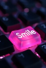 Poster - Bright pink Smile key illuminated vividly against surrounding dark buttons, highlighting emotional touch in minimalist keyboard design, vertical composition