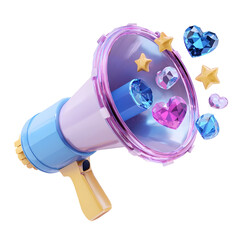 Wall Mural - A digital announcement tool with a colorful crystal inspired megaphone design featuring social media icons such as hearts stars and comments floating out from the device