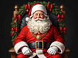 © watz - Joyful Santa Claus in red suit white beard seated with festive garland.
