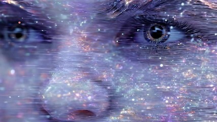 Wall Mural - Close-up of a face rendered with sparkling light and a wavy, textured effect. Eyes are focused and vivid