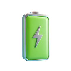 Poster - A 3D clay style green battery with a metallic silver edge and a lightning bolt symbol indicating a fully charged state against a light blue background
