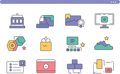 Fototapete - A collection of twelve colorful icons displayed on a light blue background page